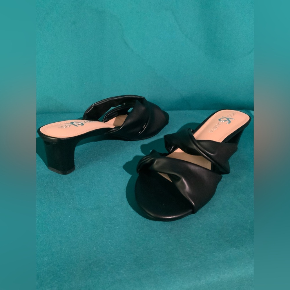 YOSI SAMRA, ROMAN MID-HEEL, TWISTED-BAND SLIDE SANDALS, SOFT, FAUX-LEATHER UPPER